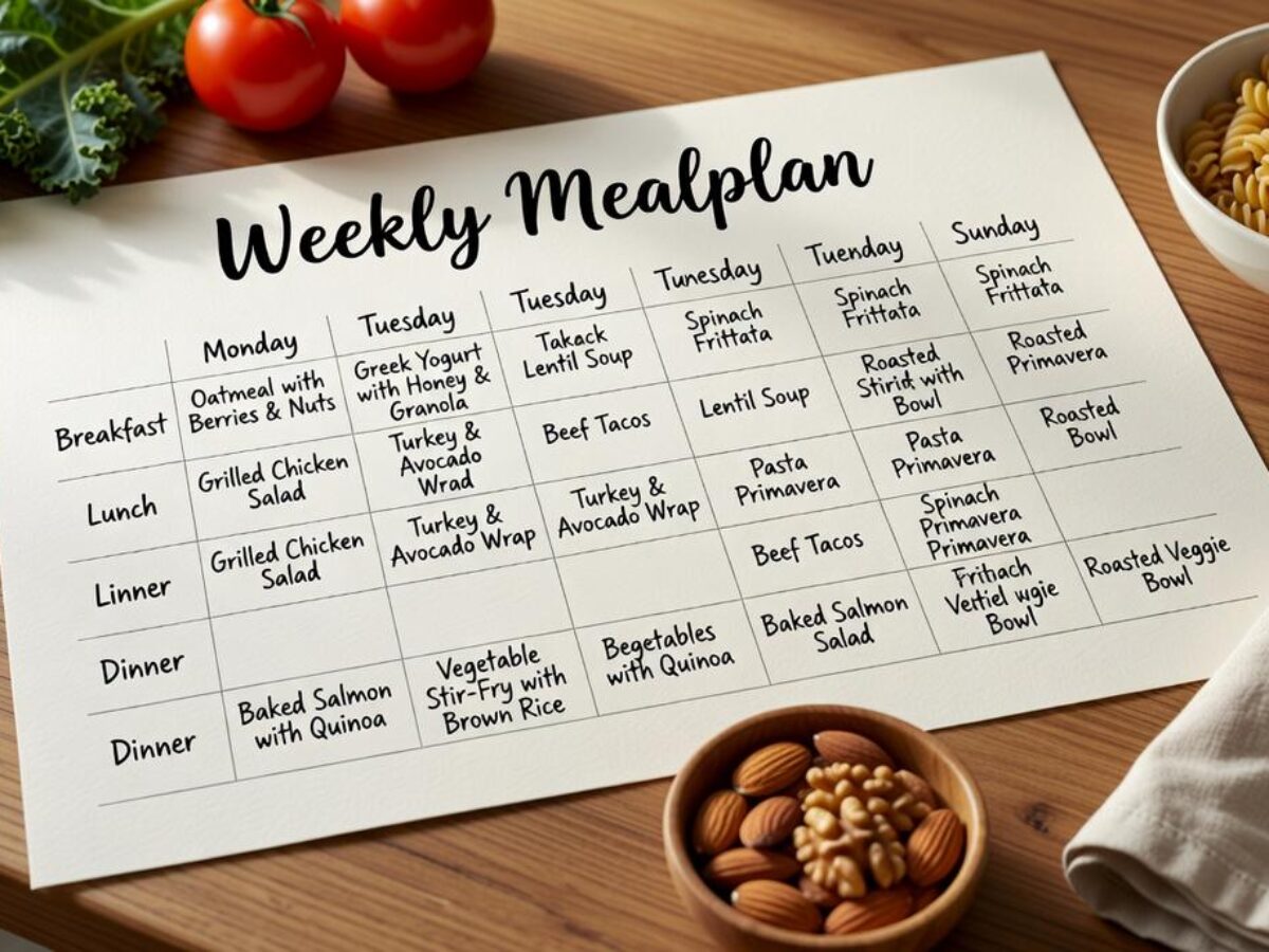 Weekly meal planning board with categorized slots for proteins, grains, and vegetables
